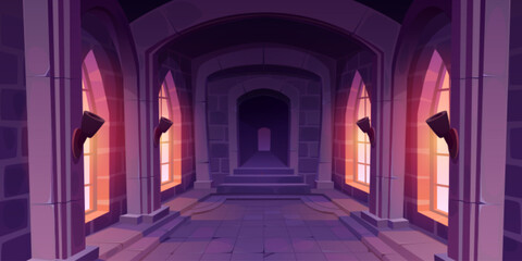 Cartoon castle hallway interior design. Vector illustration of corridor perspective inside medieval palace with large gothic windows, stone walls and floor, mysterious dark doorway. Path to dungeon © klyaksun
