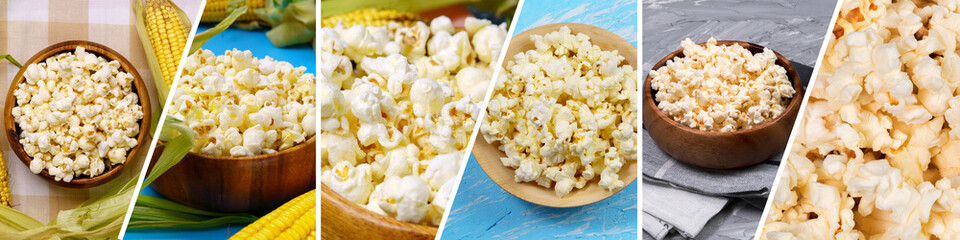 Set of tasty popcorn collage. Snack for watching movies, TV series
