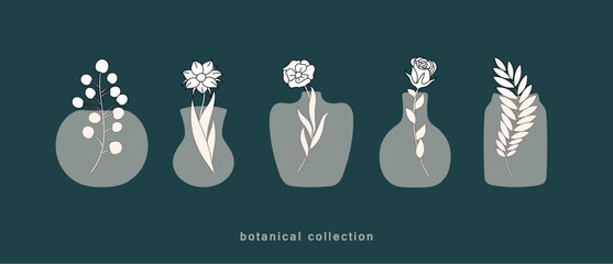 Aesthetic flowers in a vase. Bohemian style linear graphics. Floral design elements. Vector template