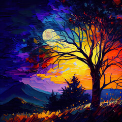 Oil painting  fragrant breeze, wooded hillside, stars,vibrant vivid light colors