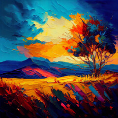 Oil painting  fragrant breeze, wooded hillside, stars,vibrant vivid light colors