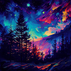 Fototapeta na wymiar Oil painting fragrant breeze, wooded hillside, stars,vibrant vivid light colors