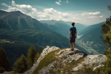 Naklejka premium Man standing on the cliff and looking at landscape, created with generative AI