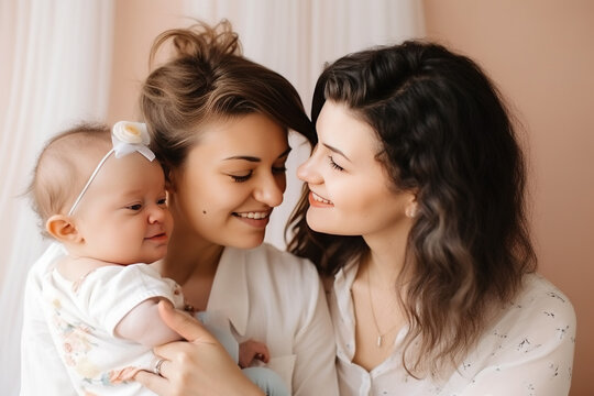 Same-Sex Female Couple: Sharing a Joyful Moment with Their Adored Child. Generative AI