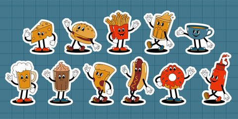 Vector set of cartoon retro mascots color illustration walking street food. Vintage style 30s, 40s, 50s old animation. Stickers with a white stroke isolated on a blue checkered background.