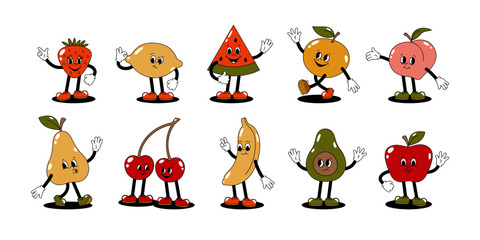 Vector set of cartoon retro mascot colored illustrations of walking fruits and berries. Vintage style 30s, 40s, 50s old animation. The clipart is isolated on a white background. - 593504231