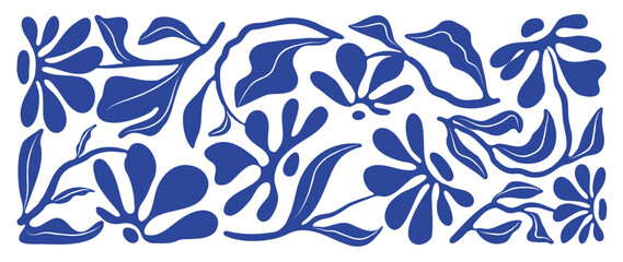 Matisse art background vector. Abstract natural hand drawn pattern design with blue leaves, branches. Simple contemporary style illustrated Design for fabric, print, cover, banner, wallpaper. - obrazy, fototapety, plakaty