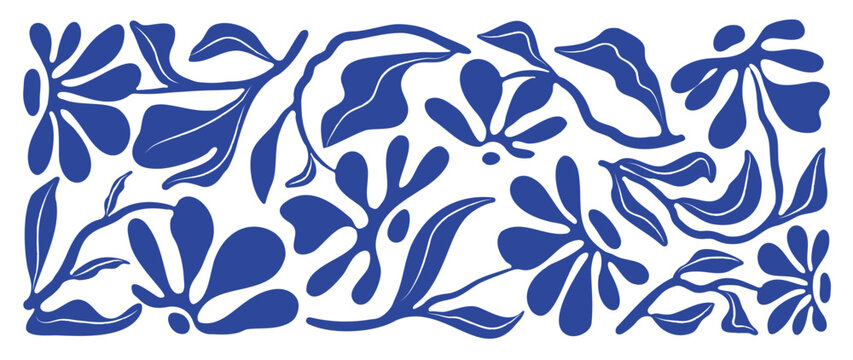 Matisse art background vector. Abstract natural hand drawn pattern design with blue leaves, branches. Simple contemporary style illustrated Design for fabric, print, cover, banner, wallpaper.