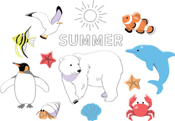 Obraz premium 夏の動物たちのイラストセット