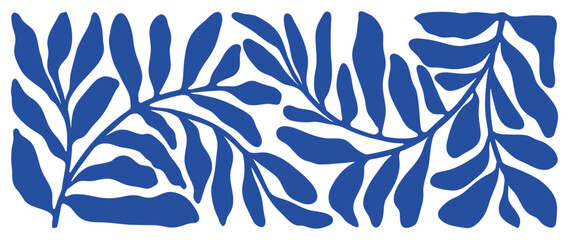 Abstract natural hand drawn pattern design with blue leaves, branches. Simple contemporary style illustrated Design for fabric, print, cover, banner, wallpaper.