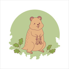Vector illustration of cute characters quokka mom and baby. Isolated on white background. Mother's day print.