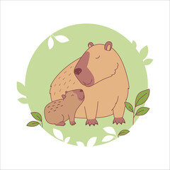 Vector illustration of cute capybara mom and baby characters. Isolated on white background. Mother's day print.