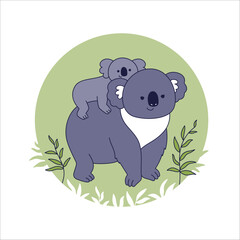 Vector illustration of cute characters koala mom and baby. Isolated on white background. Mother's day print.