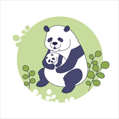 Vector illustration of cute characters panda mom and baby. Isolated on white background. Mother's day print.