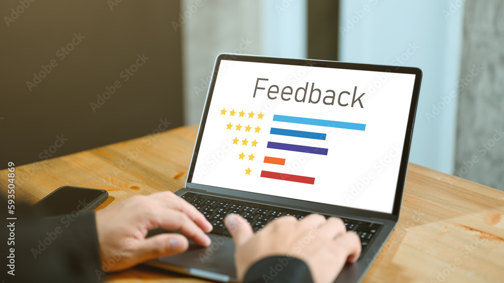 Wall mural User give rating to service experience on online application, Customer review satisfaction feedback survey concept, Customer can evaluate quality of service leading to reputation ranking of business.