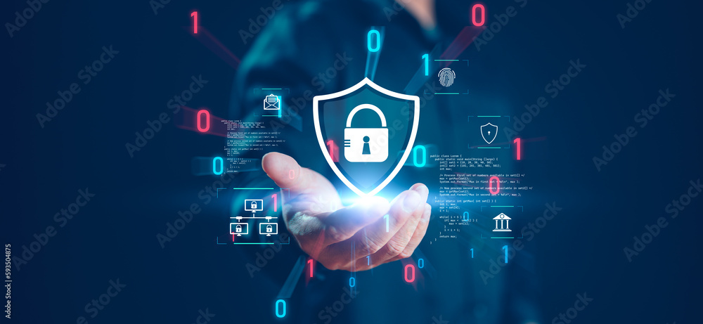 Aufkleber Cybersecurity and privacy concepts to protect data. Lock icon and internet network security technology. Businessman protecting personal data on hand, virtual screen interfaces. Cybersecurity.