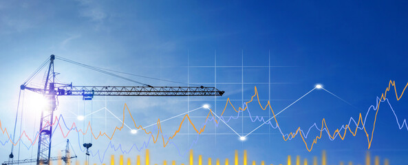 Construction site, graph. Interest Rate Increases. Apartment. Industry crisis concept. Inflation....