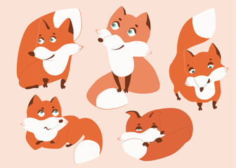 Set of Cute Foxes. Woodland forest animal. Poster for baby room. Childish print for nursery. Design can be used for fashion t-shirt, greeting card, baby shower...Vector illustration.