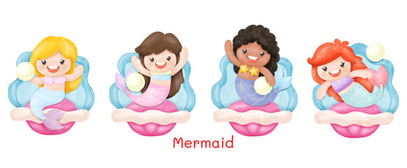 Mermaids Watercolor Clipart, sea animals and ocean life objects