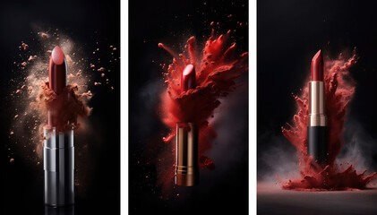 Collage of red lipstick exploding with makeup powder. Set of cosmetics background on black background generative ai