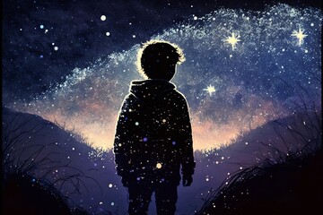 Illustration of a Boy Gazing at the Starry Night Sky, Generative Ai
