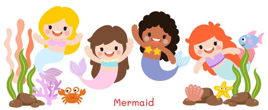 Mermaids Flat Clipart, sea animals and ocean life objects