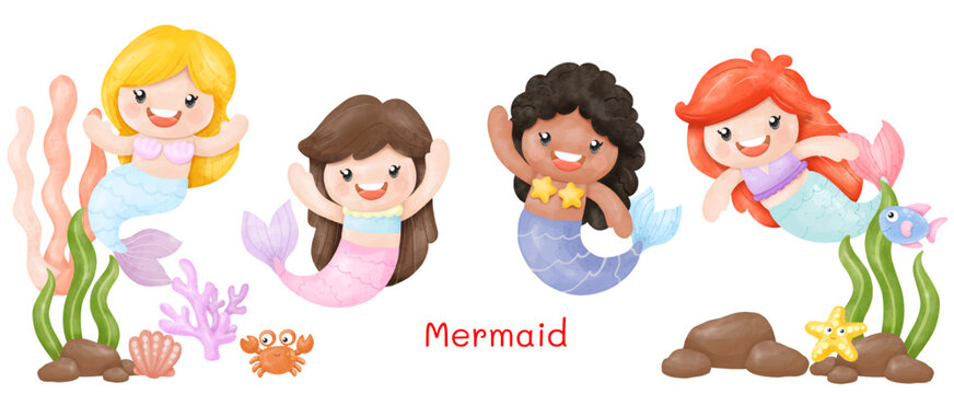 Mermaids Watercolor Clipart, sea animals and ocean life objects