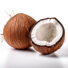 A whole coconut and a organic raw fresh ripe coconut open in half Generative AI Illustration