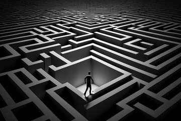 Man Searching for a Way Out in a Maze. Concept of Finding Solutions in Life. Figure of a Man in a Labyrinth with High Walls, Generative Ai