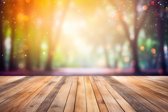 Natural environment with wood floor and blurred park trees at the background with multi color lighting effects Generative AI Illustration