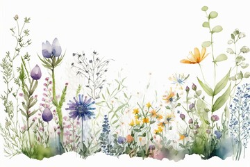 Summer Meadow Watercolor Floral Border for Cards, Banners, and Designs, generative Ai