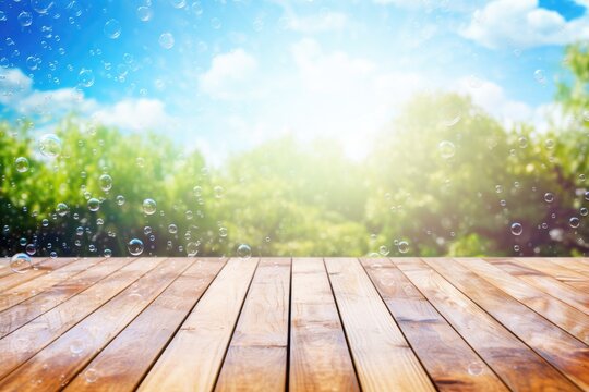 Environment with soap bubbles wet rustic wood floor and blurred nature trees and blue sky at the background Generative AI Illustration