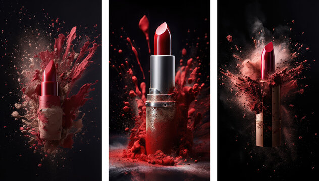 Collage of red lipstick exploding with makeup powder. Set of cosmetics background on black background generative ai - Powered by Adobe