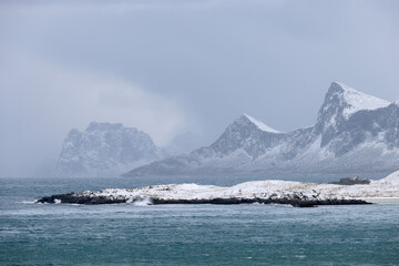Fototapeta na wymiar Winter stormy landscape of Skagsanden beach, Flakstad, Lofoten islands, Norway, Europe 