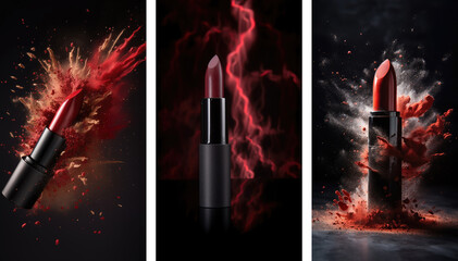 Collage of red lipstick exploding with makeup powder. Set of cosmetics background on black background generative ai
