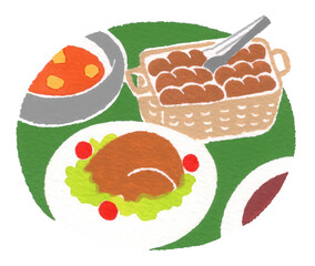 美味しそうなパーティーの料理　チキン パン スープ　手描きイラスト