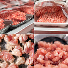 Food collage of various types fresh meat. Fresh minced meat. Square format