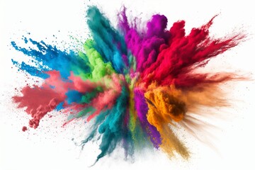 Vibrant Rainbow Holi Powder Paint Explosion on White Background, Generative Ai