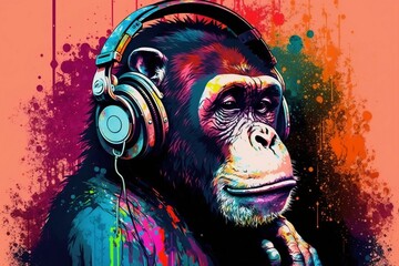Portrait of a Party Monkey Ape with Headphones on a Colorful Abstract Background, Generative Ai