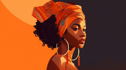 Stunning afro american lady look empty space wear traditional outfit isolated on glow background, Flat simple illustration, generative ai tools 
