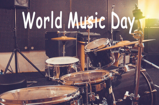 World Music Day, drum set drums in Studio. Selective focus