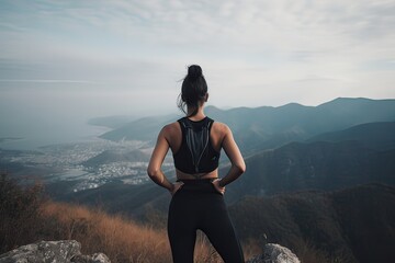 Naklejka na ściany i meble view from behind fitness girl standing on top of the mountain. woman in sportswear standing on the mountain. Generative Ai.