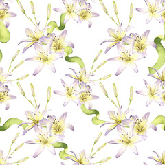 Seamless pattern of white lilies with green satin ribbons. Watercolor illustration with greenery and flowers. For the design of textiles, wallpaper, paper packaging.