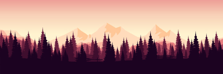 misty morning sunrise mountain with pine tree forest silhouette landscape vector illustration good for web banner, ads banner, tourism banner, wallpaper, background template, and adventure design