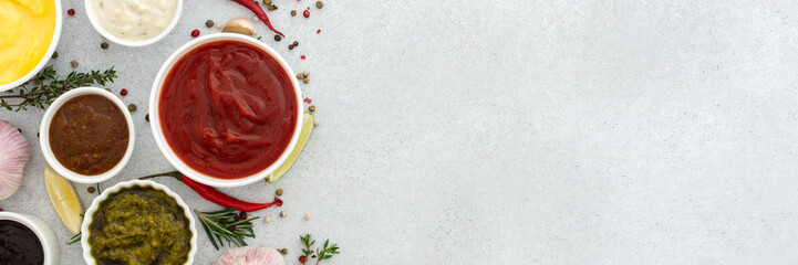 Different types of sauces in bowls with seasonings banner, rosemary and pepper, thyme and garlic, lime and lemon, cilantro, top view, copy space