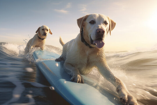 Two Golden labradores retriever surfer on a surfboard, having fun on the sea waves, Dog surfing on the beach, funny picture , AI Generative.