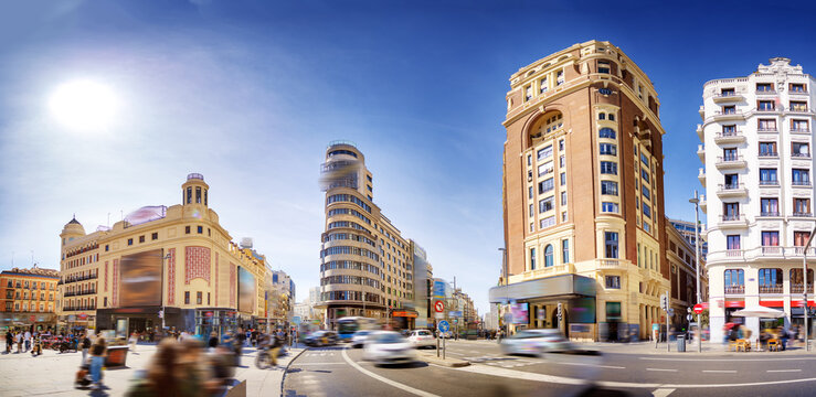 Panoramic view of the Callao square with business skyscrapers and big traffic.
