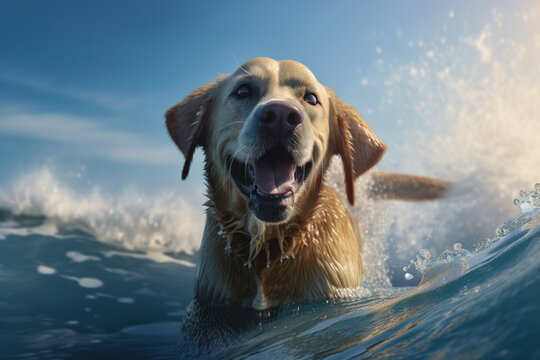 Golden labrador retriever having fun, swimming on the sea waves, summertime at ocean shore, funny picture ,  AI Generative..