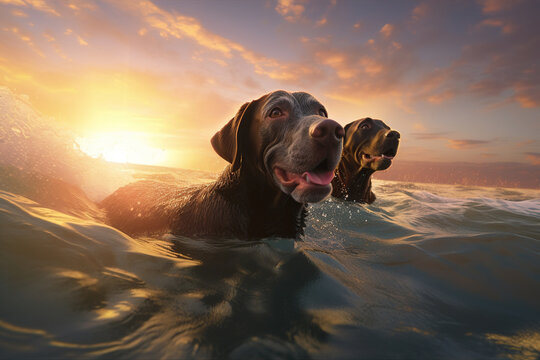 Two black labradores retriever having fun, swimming on the sea waves, summertime at ocean shore, funny picture ,  AI Generative.