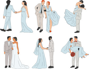 Wedding set. Bride and groom in different poses. Vector illustration